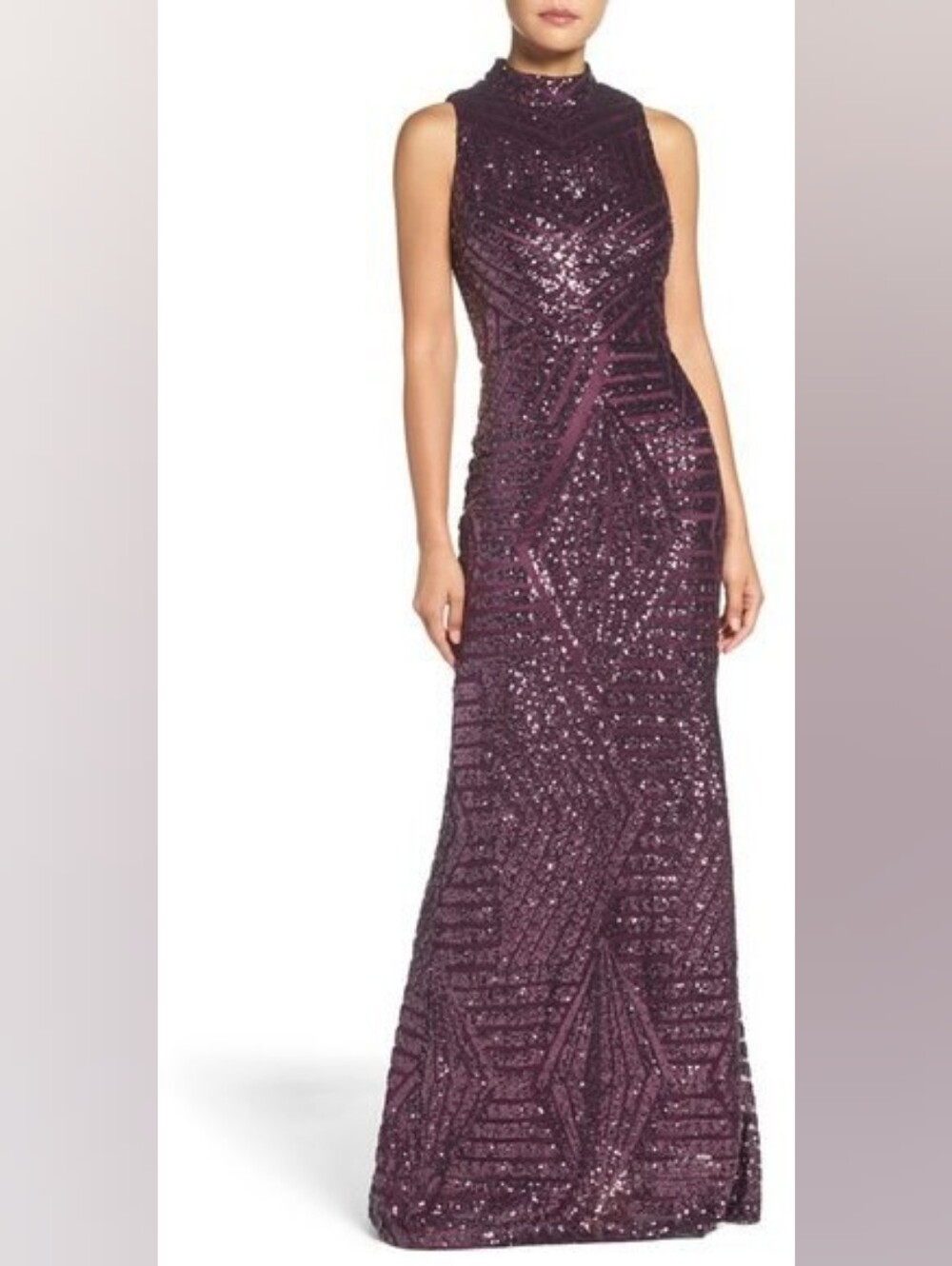 Sz 8 (narrow in hips) Vince Camuto Purple Sequin Mockneck Column Gown w Keyhole
